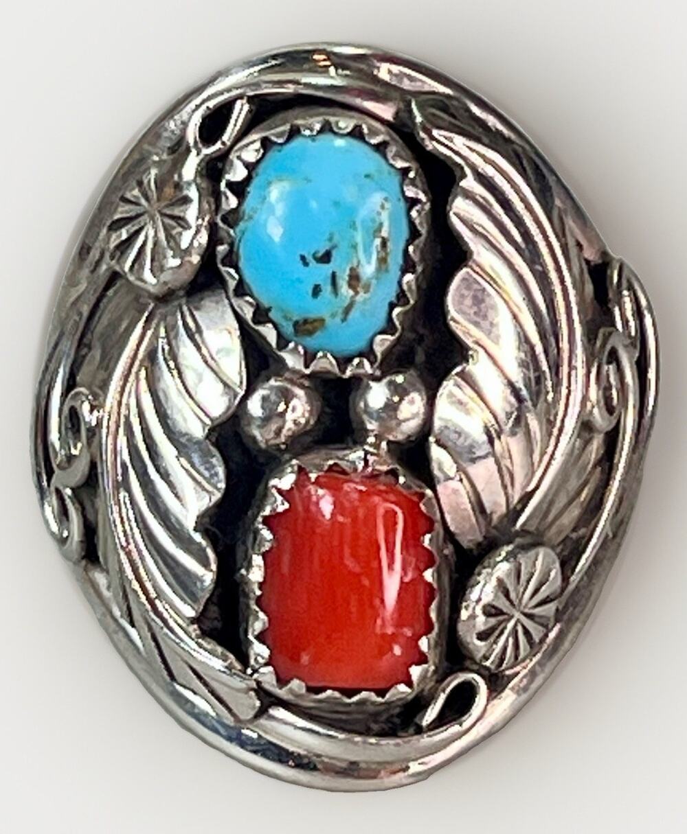 Men’s Signed NAWAJO Sterling Silver Kingman Turquoise Coral Ring Sz 10.5 NEW